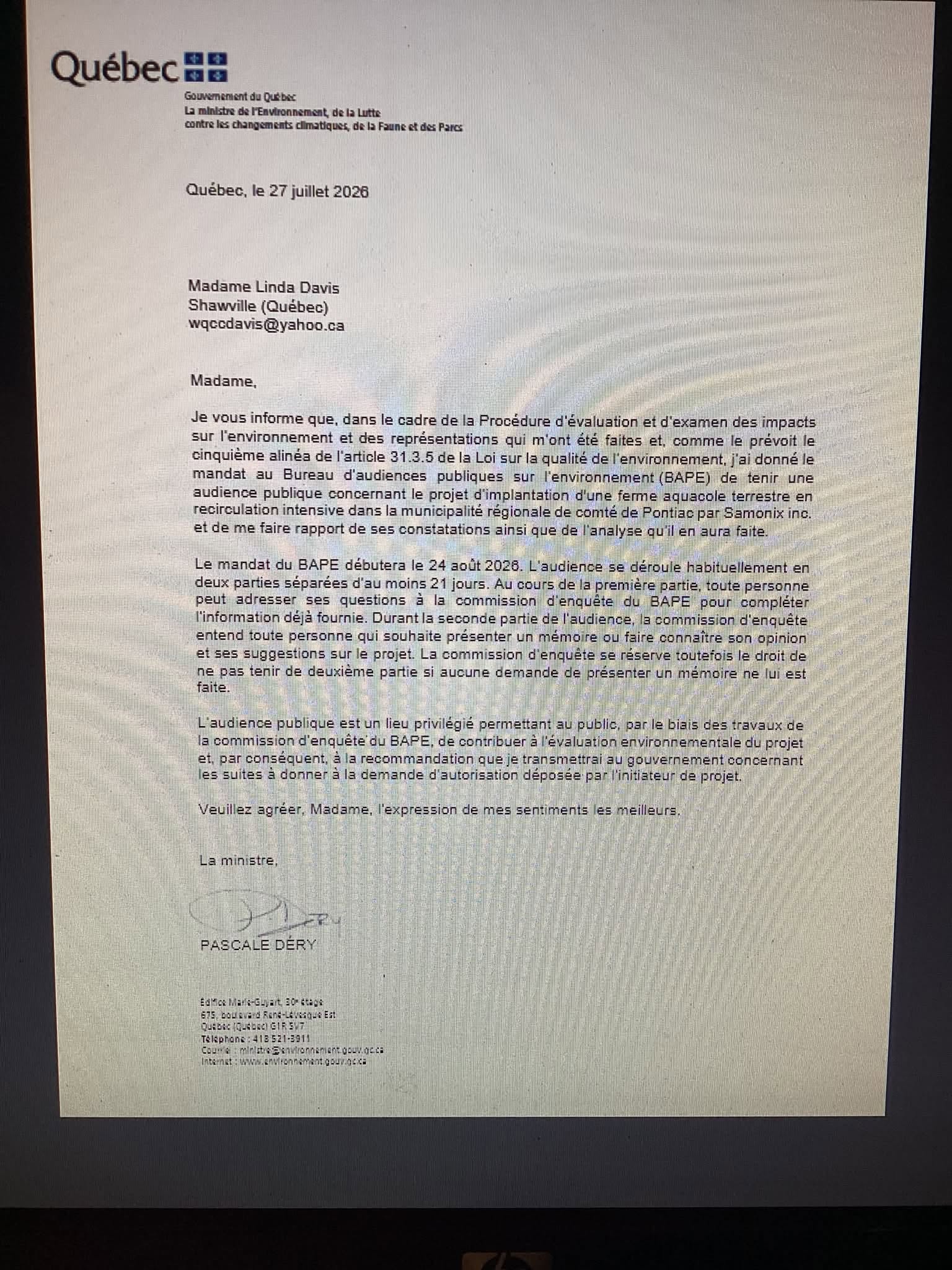 Image of document from provincial government ordering an environmental review